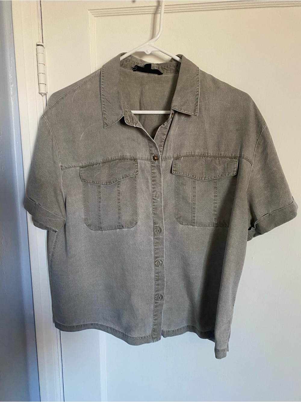 Washed Green Button-Up Short Sleeve Women’s Shirt